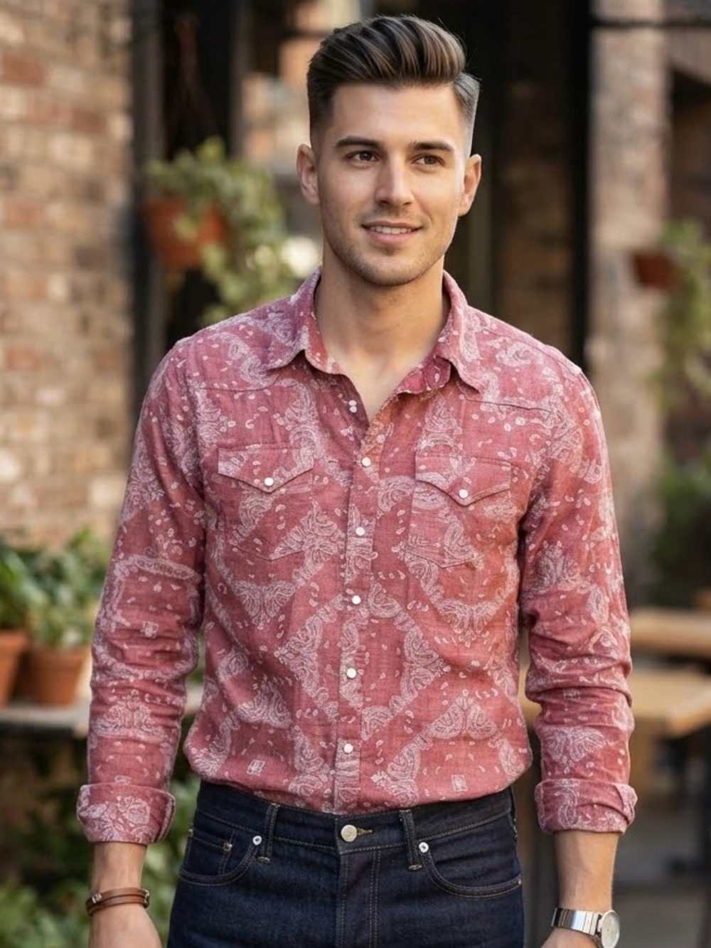 GUESS Red Bandana Paisley Western Pearl Snap Long Sleeve Shirt Rodeo Americana